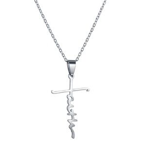 New Stainless Steel Cursive Faith Cross Religious Silver Minimalist Necklace